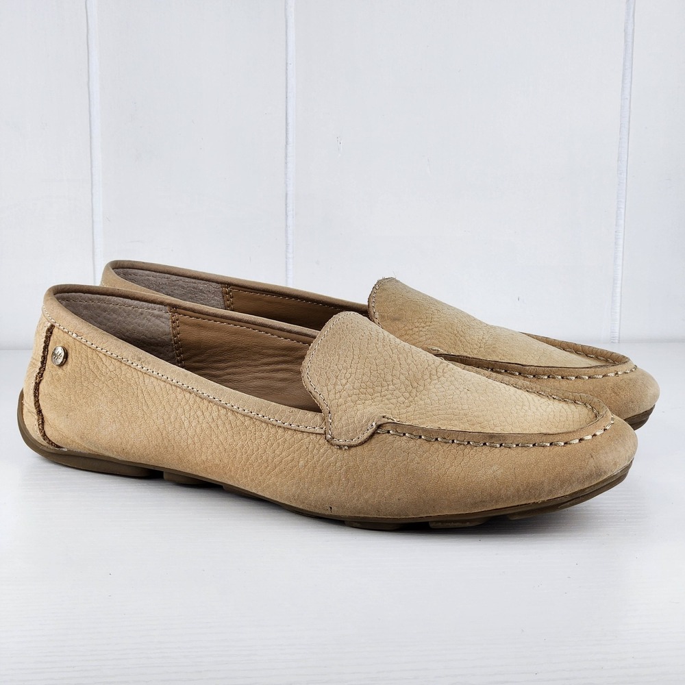 Hush Puppies Ozzie Tan Pebbled Leather Driving Moccasin Loafers Womens 8M Beige